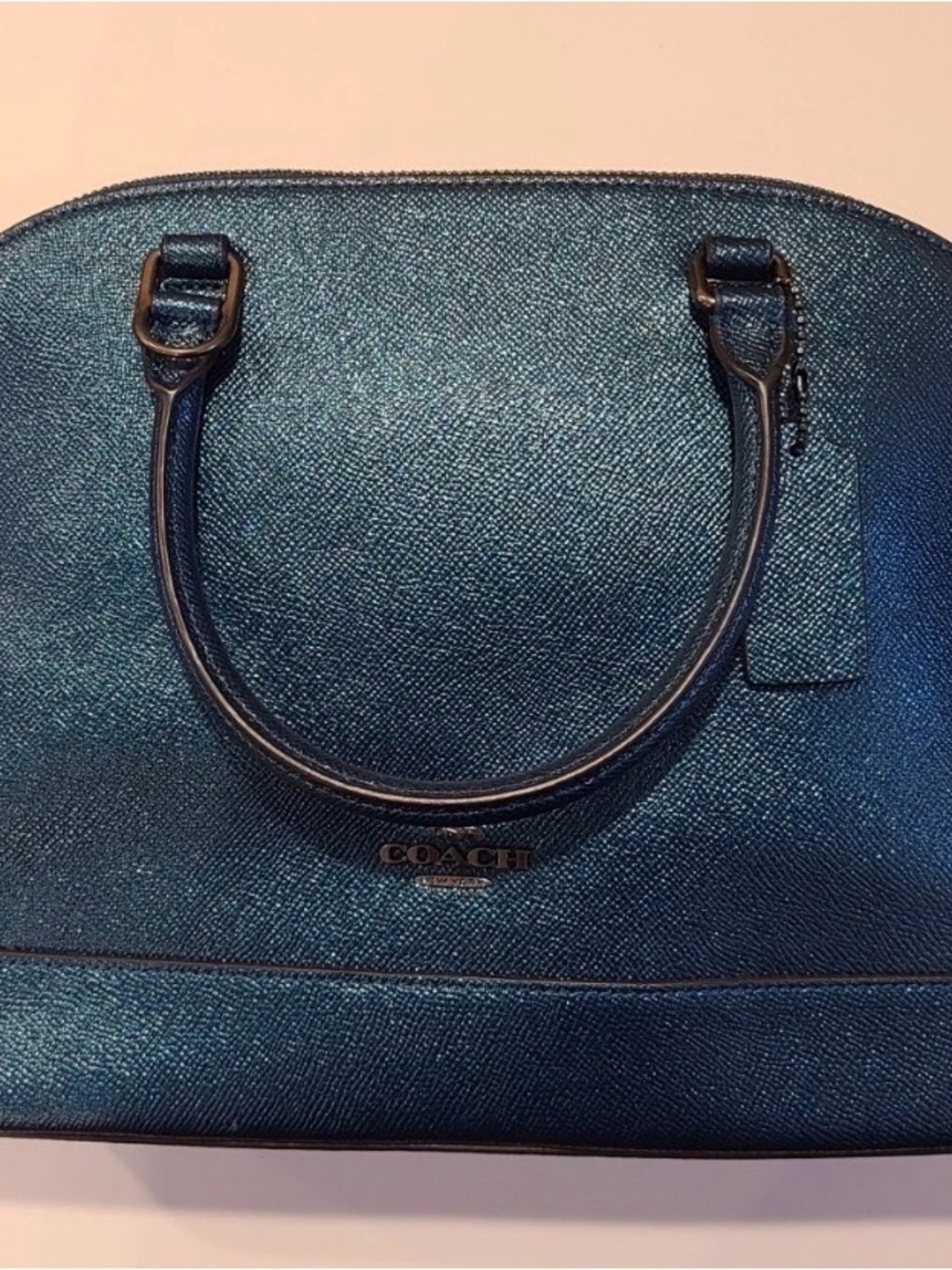 Coach Siera Metallic Teal Dome Satchel with crossbody strap- Teal Blue